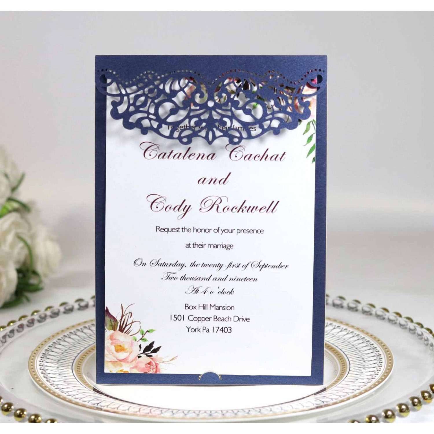 Marriage Invitation Card Celebration Invitation Laser Cut Paper Dark Blue